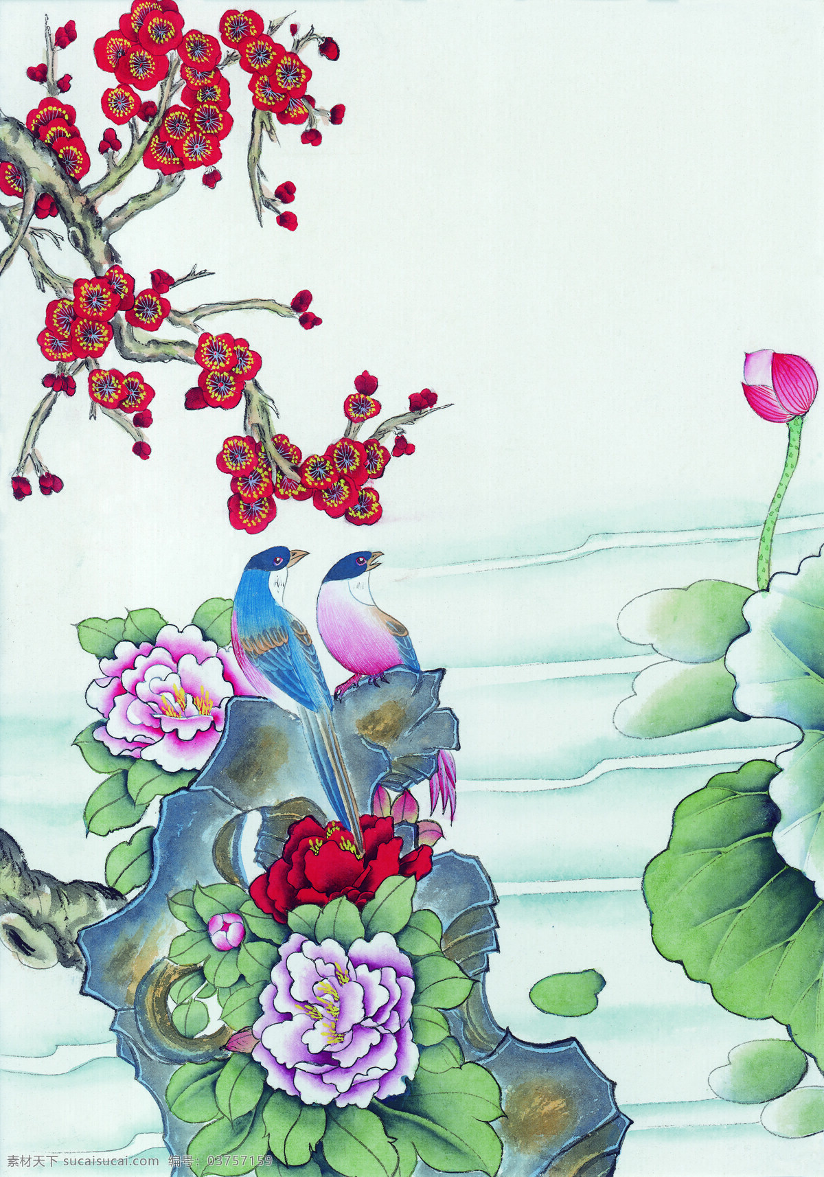国画 牡丹 小鸟 岩石 荷花 梅花 文化艺术 绘画书法 设计图库