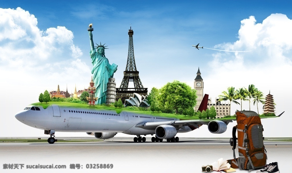 世界建筑 背包客 飞机 旅行 自由女神像 埃菲尔铁塔 背包 飞机旅行 大本钟 印度佛像