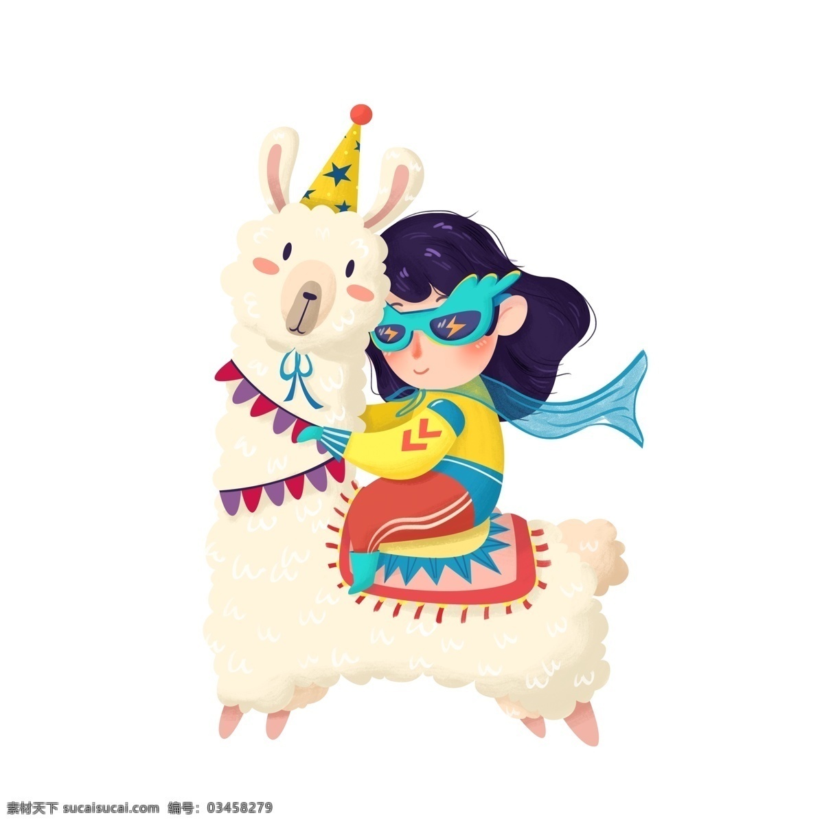 儿童节 骑 羊 驼 女孩 彩色 卡通 创意 羊驼 玩耍 节日元素 插画设计