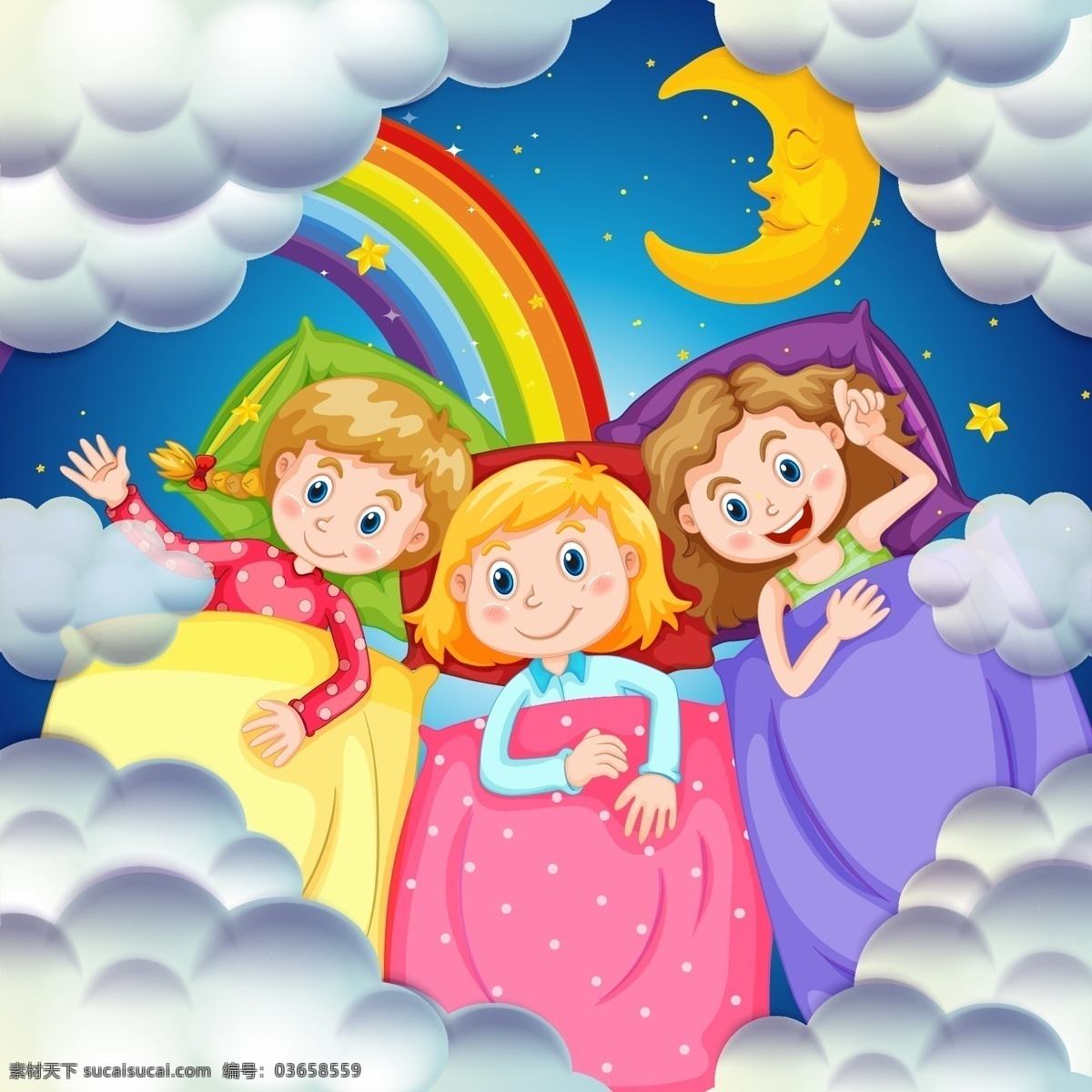 卡通 可爱 孩子 插画 彩虹 月亮 云朵 睡觉