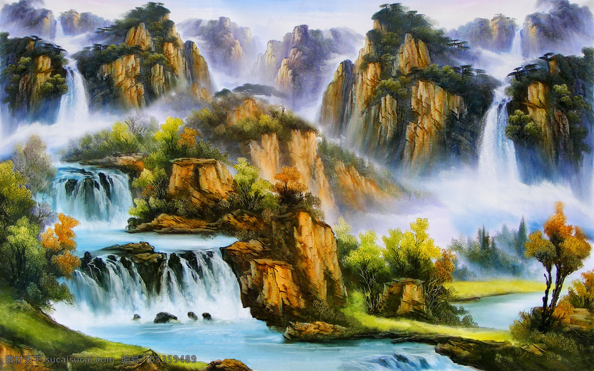 仙境 手绘 山脉 流水 风景画 背景 墙 背景墙 3d渲染 效果图