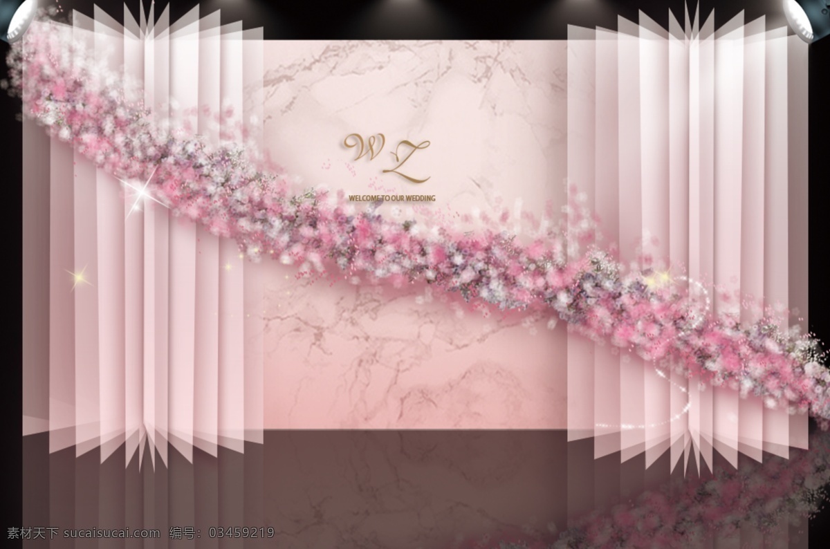 大气 浪漫 粉色 婚礼 迎宾 区 合影 背景 效果图 大理石 纹路 psd文件 金属 质感 pvc 字 粉 紫色 鲜花 花艺 造型 透明 纱 立体