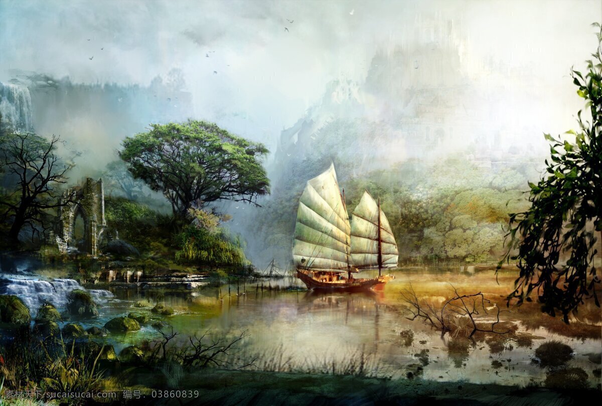 欧式油画风景 欧式 油画 风景 手绘 无框画 树林 帆船 大船 欧洲 欧美 复古 古典 装饰画 玄关 共享图