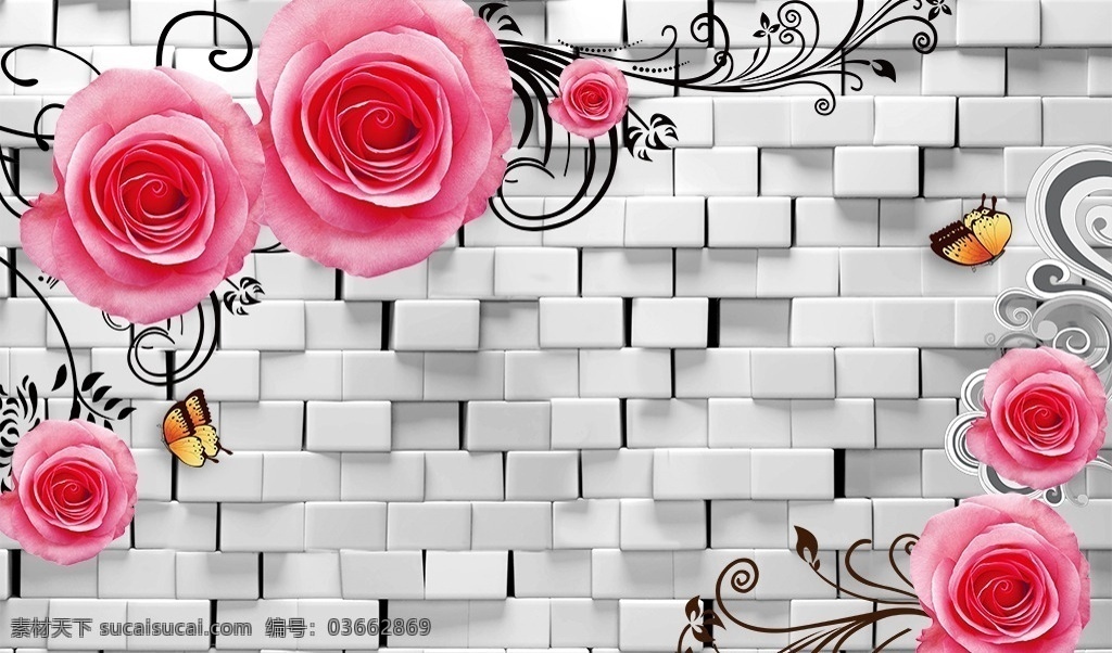 3d 砖墙 玫瑰 背景 墙 分层 立体 方块 粉红色 花湖一 蝴蝶 花藤 简约 电视背景墙 背景墙系列