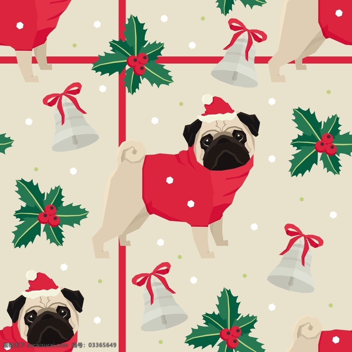 动物 狗 哈巴狗 可爱 可爱宠物 铃铛 圣诞 手绘 无缝图案 圣诞快乐 无缝 图案