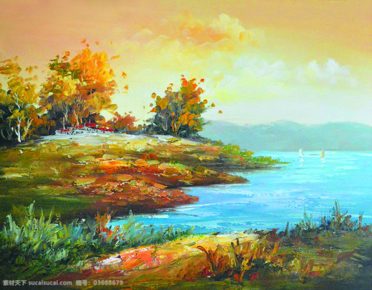 海边秋色 美术 油画 风景 海滩 树木 秋林 海水 秋色 油画作品82 文化艺术 绘画书法