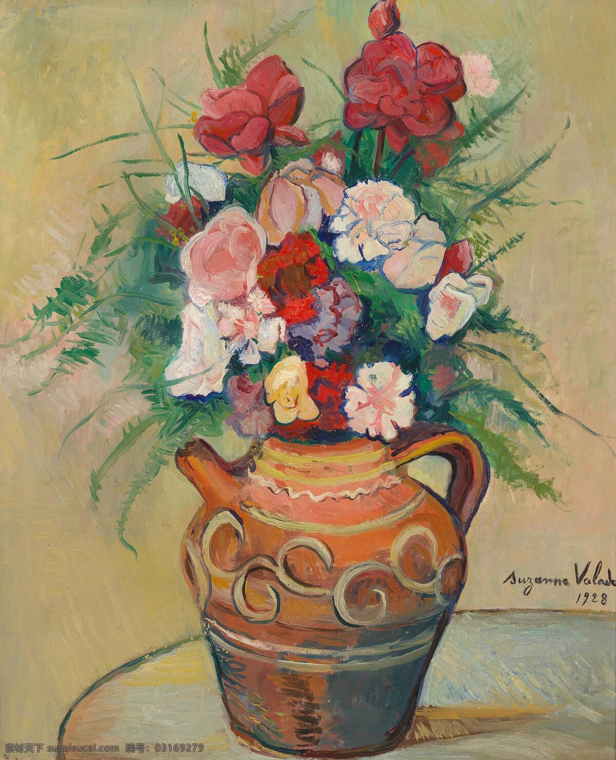 静物鲜花 混搭鲜花 玫瑰 康乃馨 罐子 桌子 20世纪油画 油画 文化艺术 绘画书法