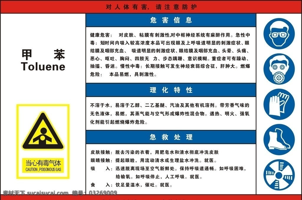 职业 危害 告知 卡 甲苯 职业危害 告知牌 当心中毒 防毒口罩 防尘口罩 防护镜 防护服 手套 防护手套 防腐手套 对人体有害 请注意防护 危害因素 危害健康 理化特性 特别提示 应急处理 防护措施 矢量图 矢量