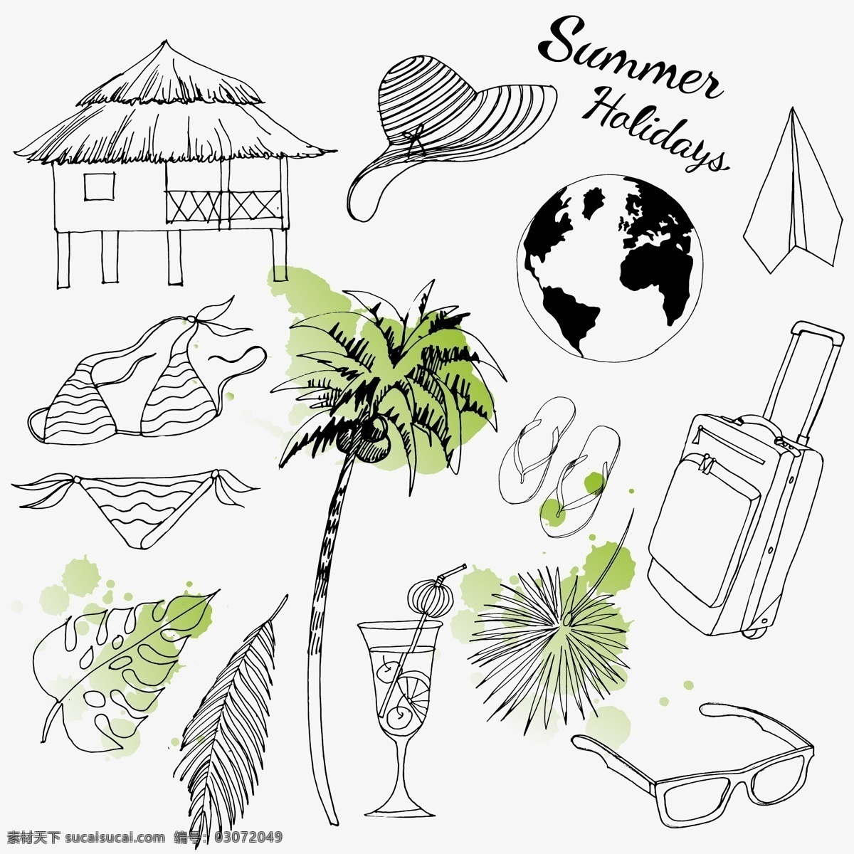 手绘 夏天 度假 插画 沙滩房子 出游 帽子 地图 比基尼 椰树 旅行箱