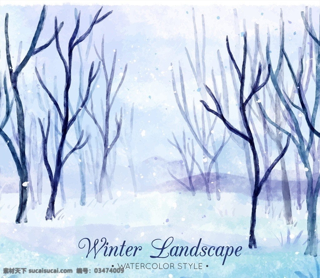 水彩 绘 冬季 雪地 树林 风景 雪花 自然 动漫动画 风景漫画