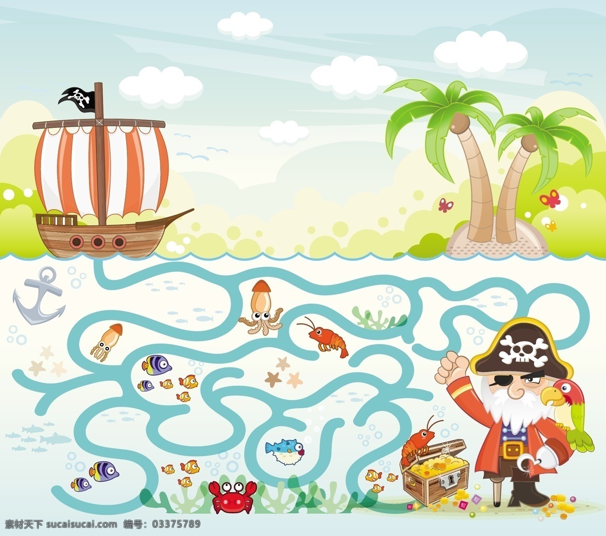 卡通 海盗 迷宫 背景 矢量 模板下载 船 动物 椰树 大海 卡通背景 迷宫背景 其他艺术 文化艺术 生活百科 矢量素材 白色
