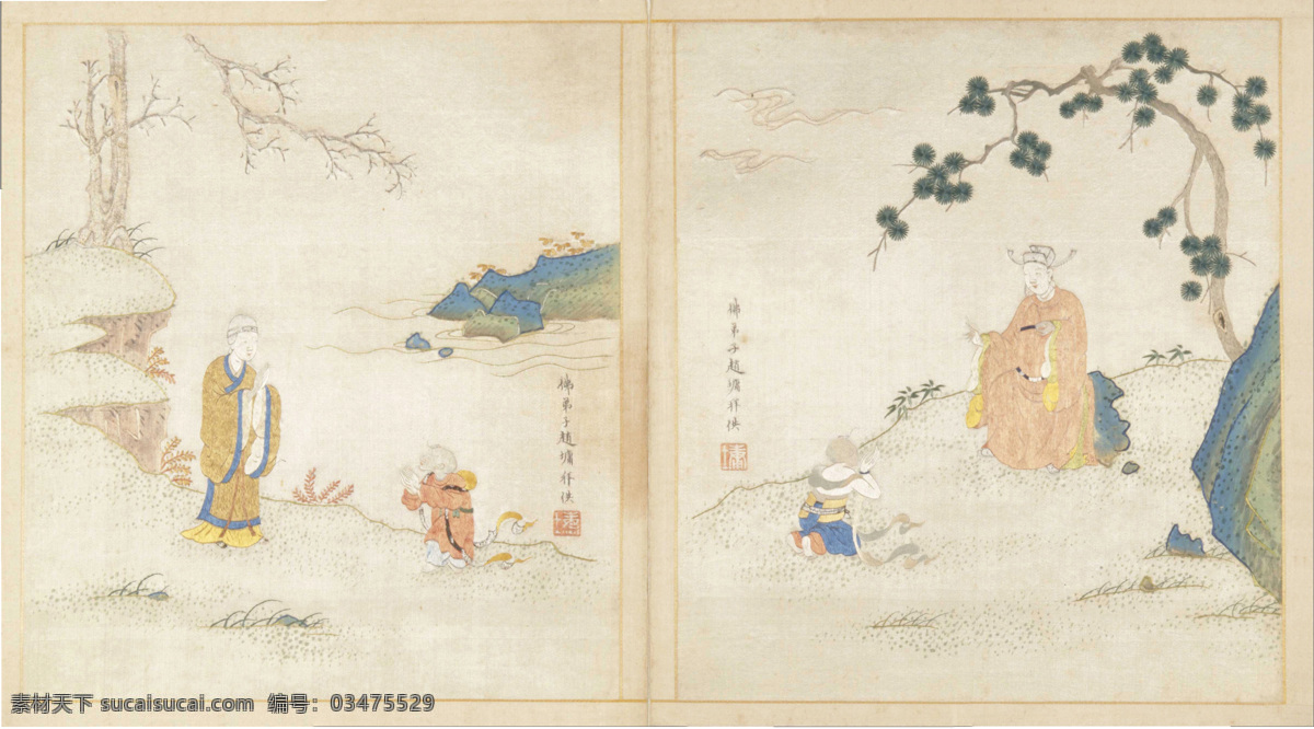 善财五十三参 古画非高清 山石 野草 山竹 枯树 松树 流水 祥云 菩萨 老妇 官员 童子 参拜 古典 国画 清代 顾绣 工笔 佛像 人物 佛教礼仪教化 绘画书法 文化艺术