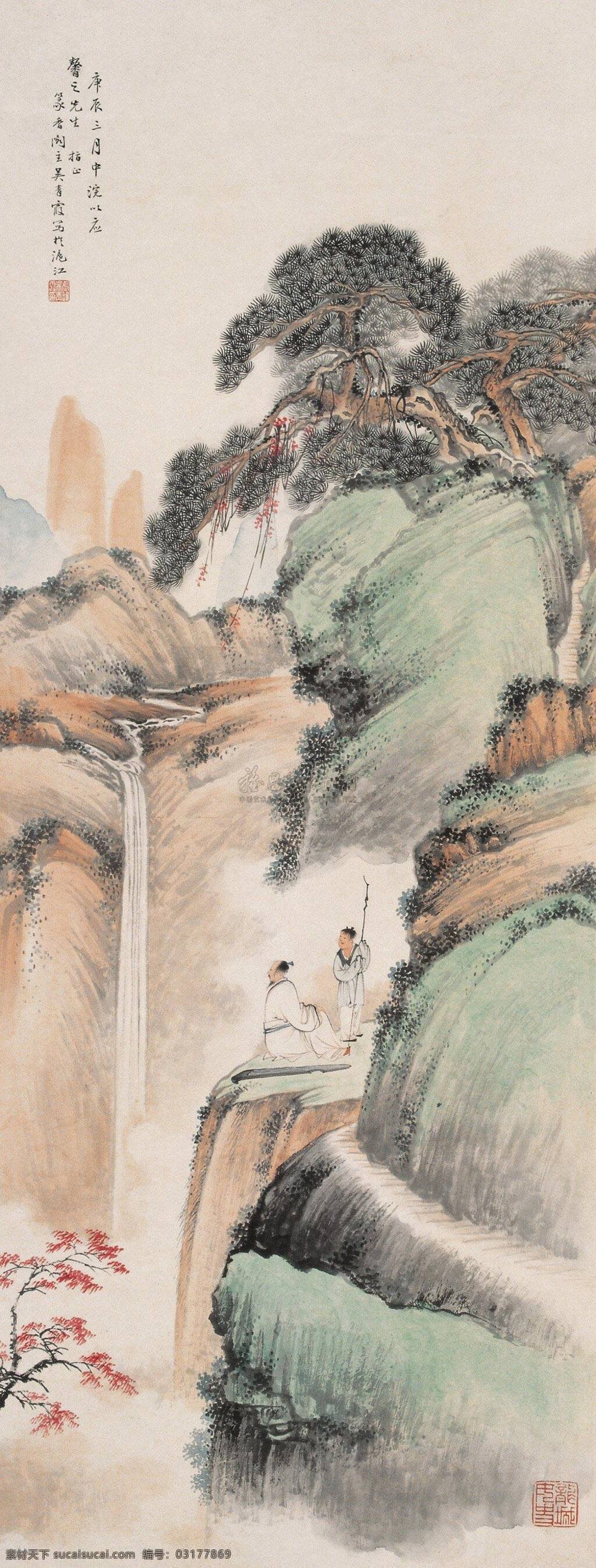 国画山水 水墨 国画 山 树 水流 儿童 琴 枫树 松树 绘画书法 文化艺术