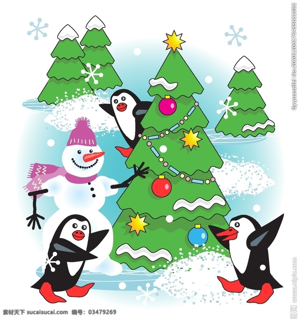 圣诞 卡通 插画 矢量图 圣诞卡通素材 插画矢量图 卡通素材 圣诞树 企鹅 雪人