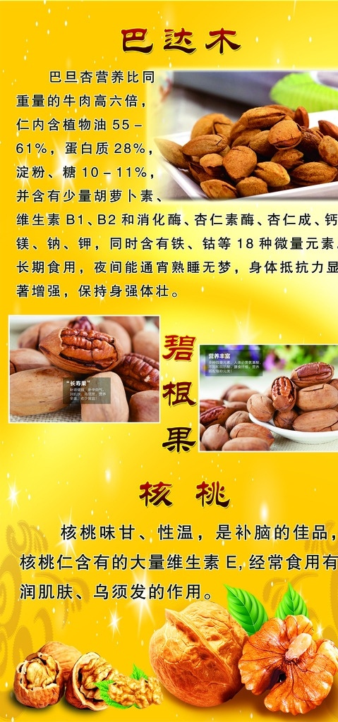 巴坦木 巴旦木 碧根果 核桃 功效 干果功效 展板模板
