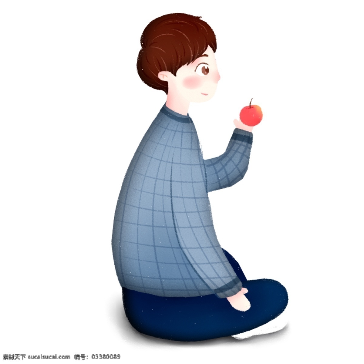 手绘 卡通 男孩 坐在 地上 吃 苹果 原创 元素 蓝色 可爱 设计元素 原创元素