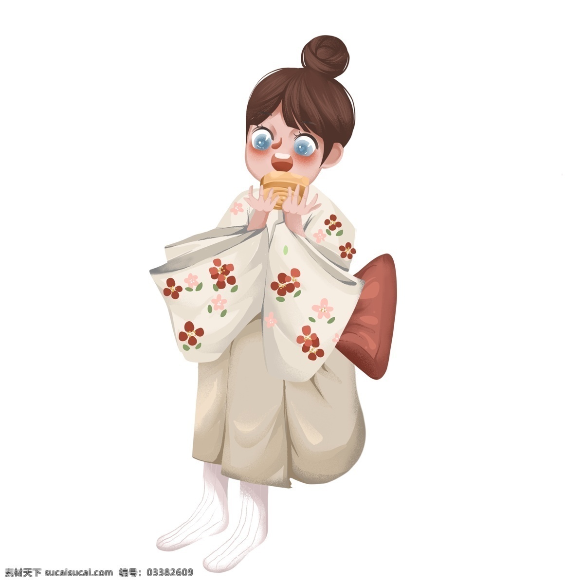手绘 可爱 吃 饼干 日本 女孩 女生 人物 复古设计 插画 吃饼干