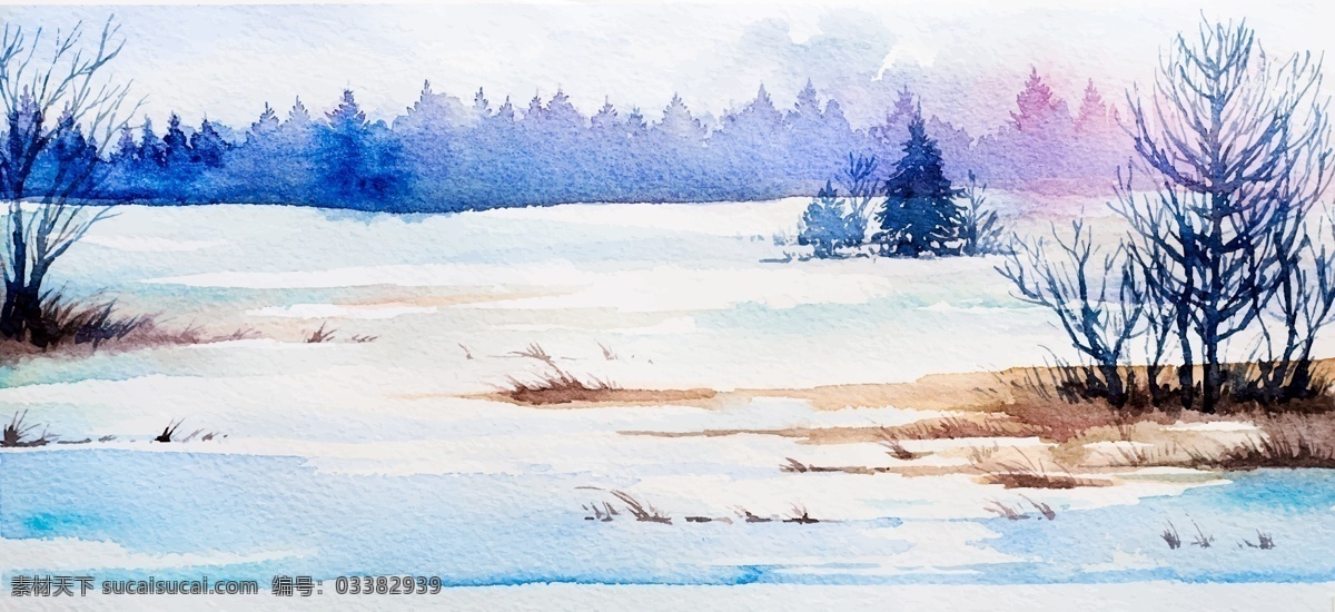 水彩 冬季 森林 河边 矢量 浪漫 梦幻 紫色 远山 雪地 景色 插画 海报 背景