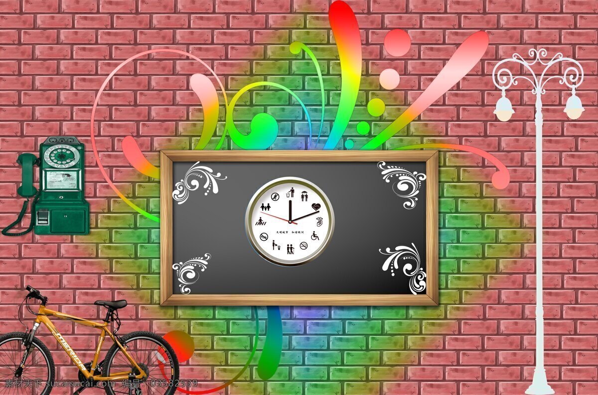 流逝 时间 边框 彩虹 电话 黑板 红色 花纹 路灯 绿色 欧式花纹 时钟 自行车 背景图片