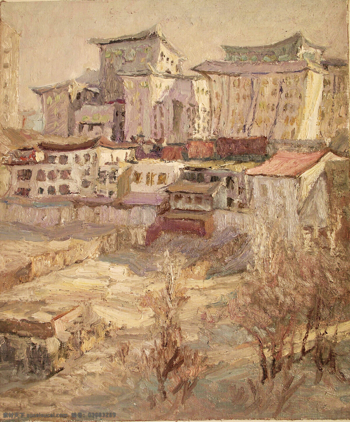 房屋 风景画 绘画书法 楼房 美术 民居 农村 乡风 油画 西部乡村 村道 树木 油画艺术 油画作品40 文化艺术 家居装饰素材