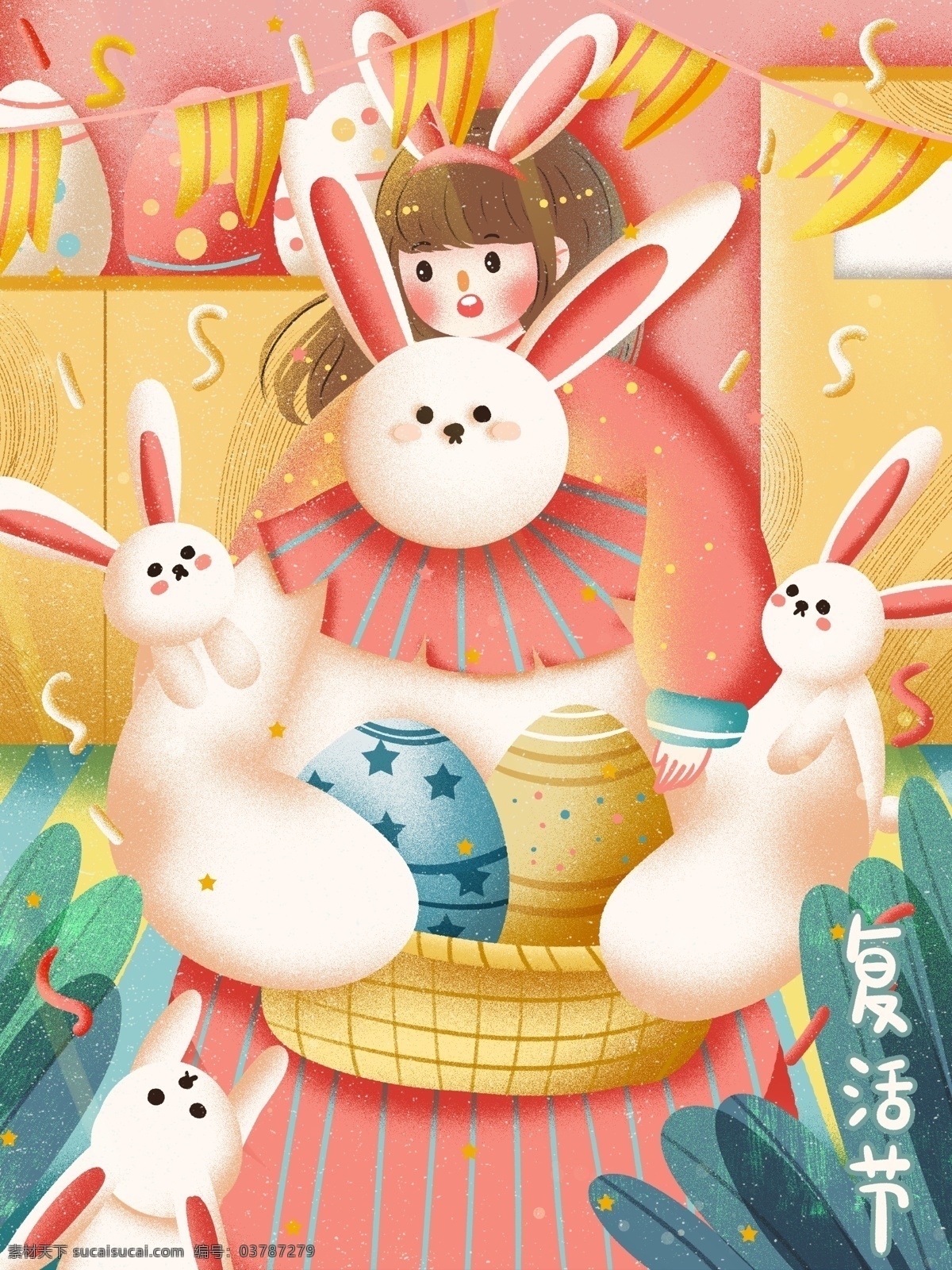 彩蛋 兔子 家庭 创意 可爱 卡通 庆祝 派对 插画 海报 寻找彩蛋 家庭派对 复活节 复活 家居 居家 扁平