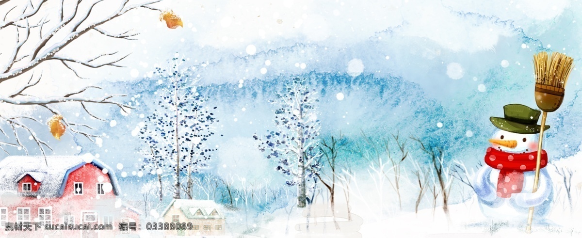 卡通 可爱 冬季 雪花 banner 背景 蓝色 雪人 房子 树枝 白雪茫茫 白色