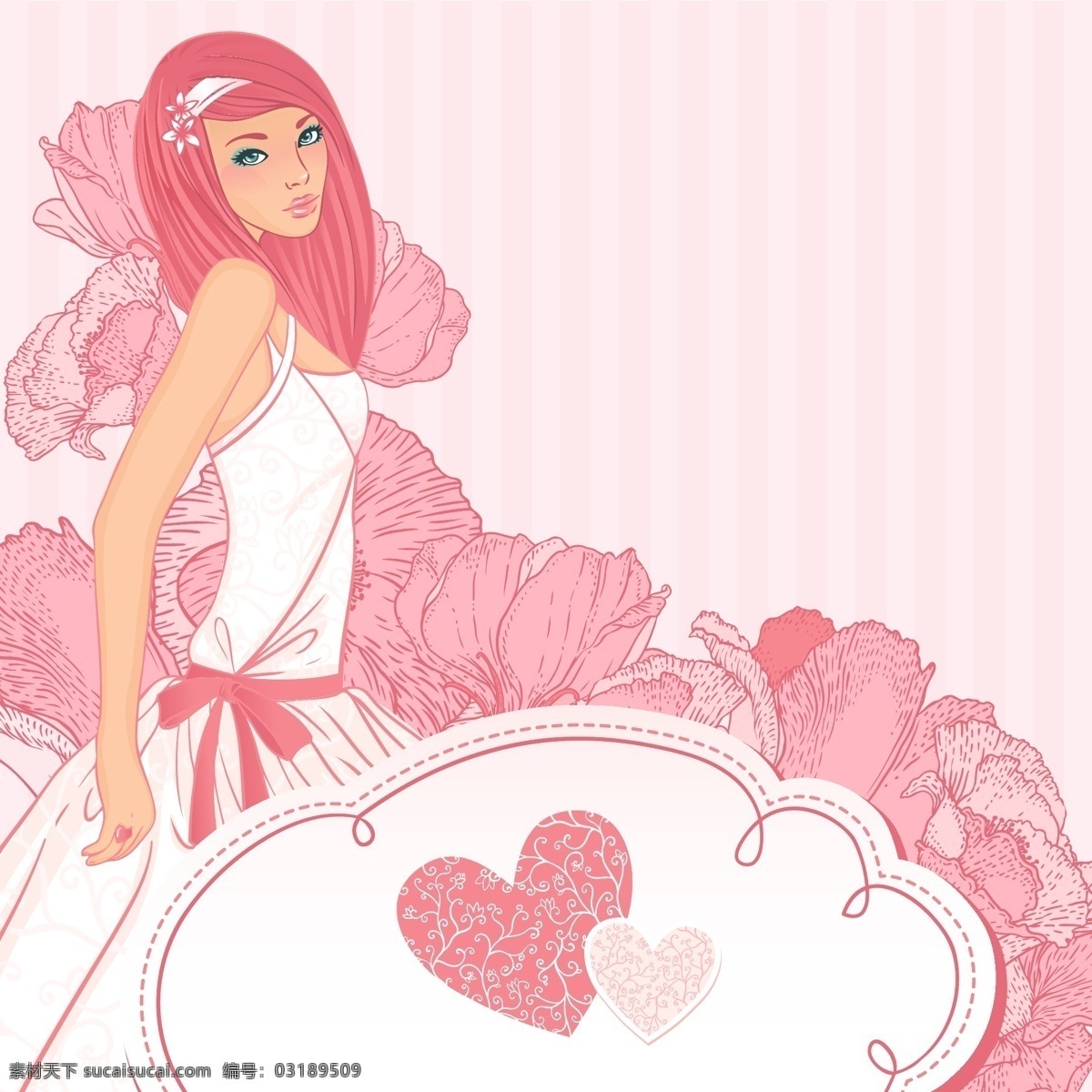 婚庆 手绘新娘 手绘金发新娘 粉色花卉 手绘 白色 礼服 新娘 插画 手绘画 矢量素材