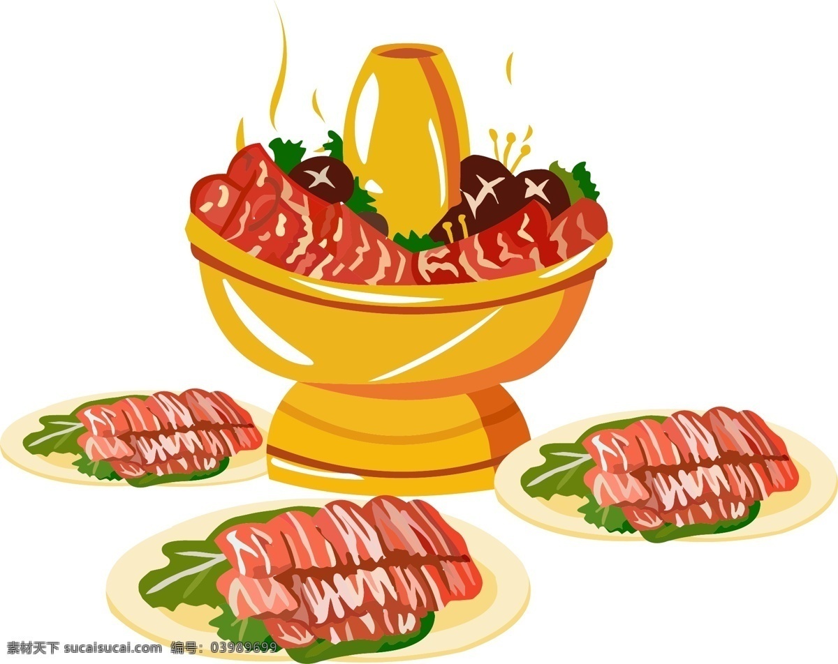手绘 美食 红红火火 羊肉 火锅 铜锅 涮 肉 食物 羊肉火锅 涮锅 手绘美食 涮肉