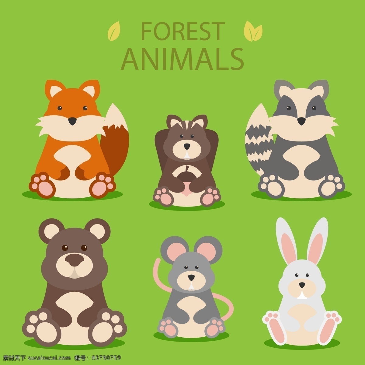 款 可爱 坐姿 森林 动物 矢量 浣熊 熊 兔子 松鼠 老鼠 狐狸 生物世界 野生动物