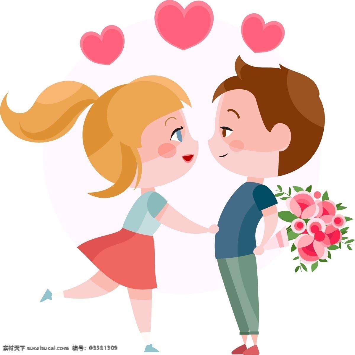 浪漫 唯美 情侣 情人节 元素 卡通 红色 心形 捧花