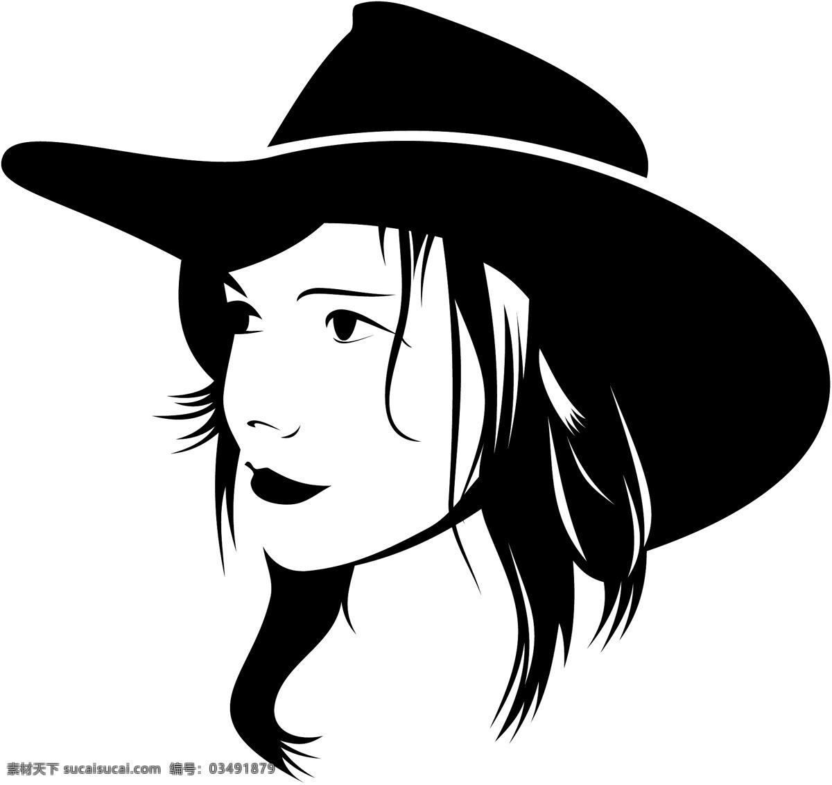 美女 人物 牛仔 帽子 剪影 手绘 黑白 素描 速写 矢量女人 妇女女性 矢量人物 矢量