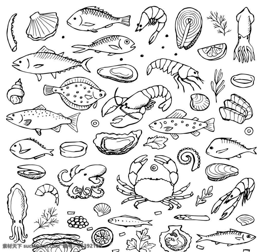 海鲜 大杂烩 矢量海鲜 鱼 虾 蟹 扇贝 章鱼 背壳 包装设计