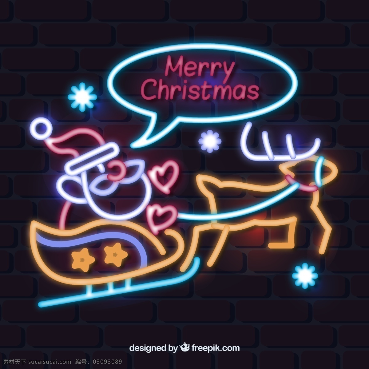 创意 圣诞老人 雪橇 霓虹灯 矢量 节日 圣诞节 可爱 卡通 气氛