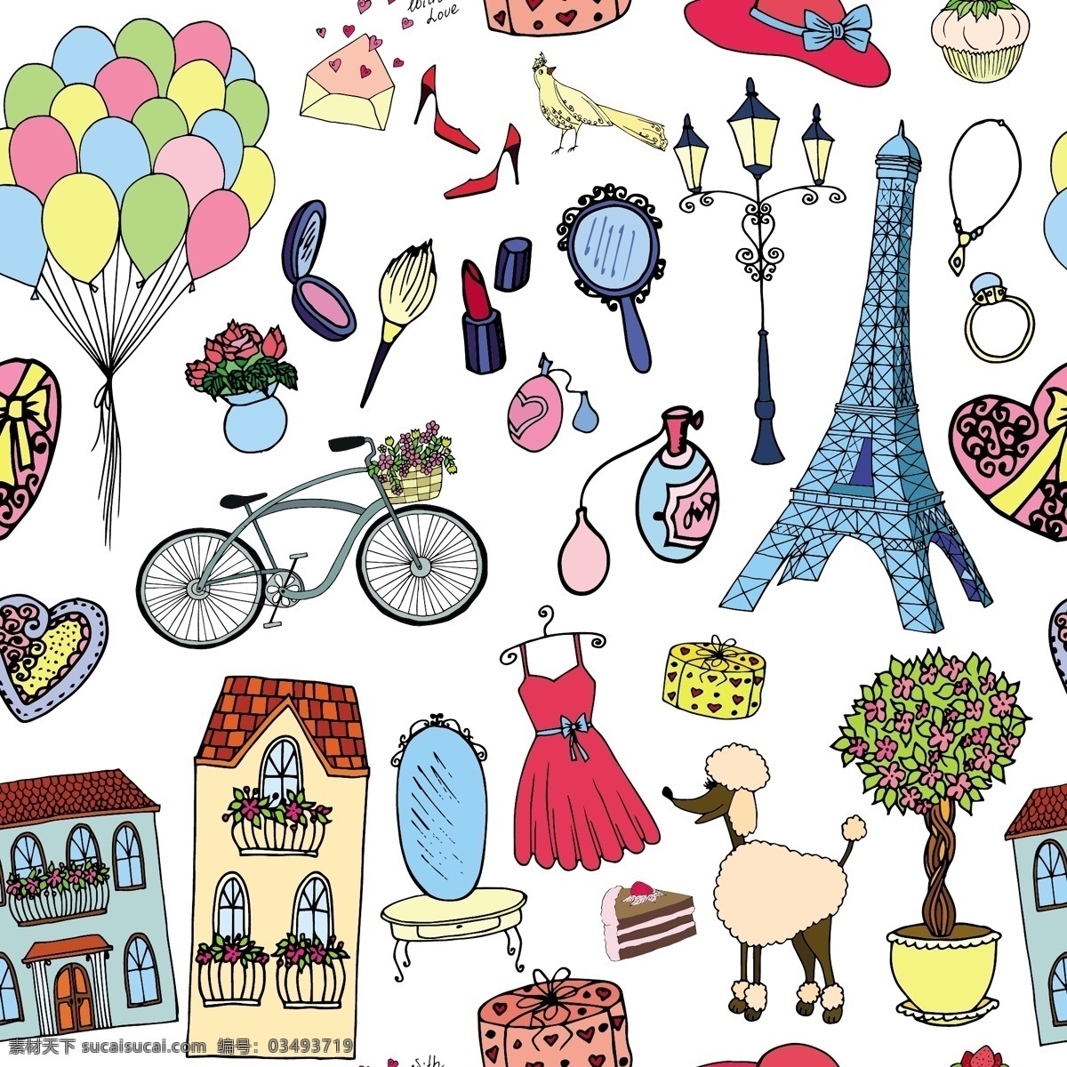 卡通 手绘 巴黎 各种 装饰 矢量 路灯 平面素材 气球 裙子 设计素材 矢量素材 铁塔