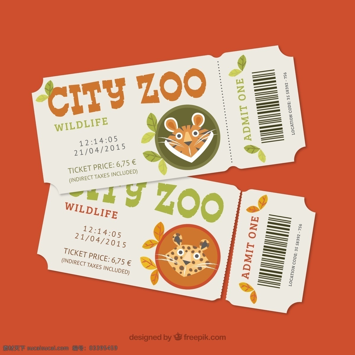款 可爱 动物园 单人 票 矢量 花豹 老虎 野生动物 叶子 条形码 时间 价格 门票 单人票 矢量图