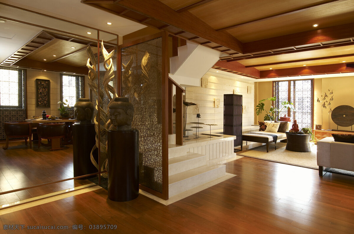 中式 典雅 复式 客厅 白色 楼梯 室内装修 效果图 白色楼梯 客厅装修 木地板 木制隔断