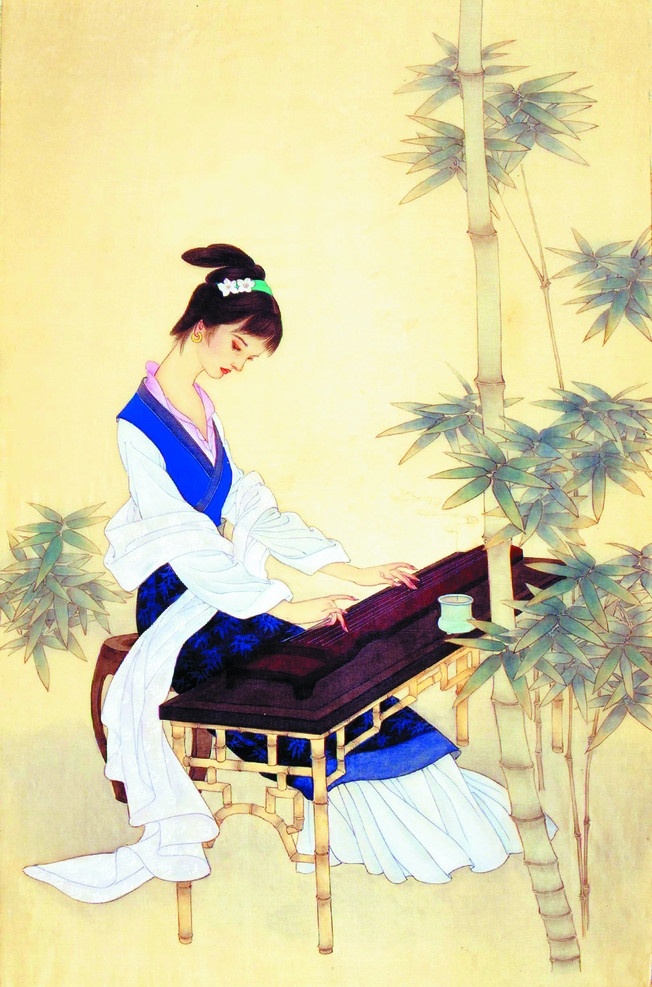 潇湘清韵 美术 绘画 中国画 工笔画 人物画 仕女 女子 姑娘 表情 动作 姿势 古琴 弹琴 书法 竹林 印章 国画艺术 国画集25 绘画书法 文化艺术