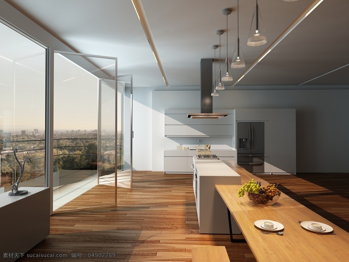 简洁 厨房 落地窗 地板 室内设计 效果图 环境家居
