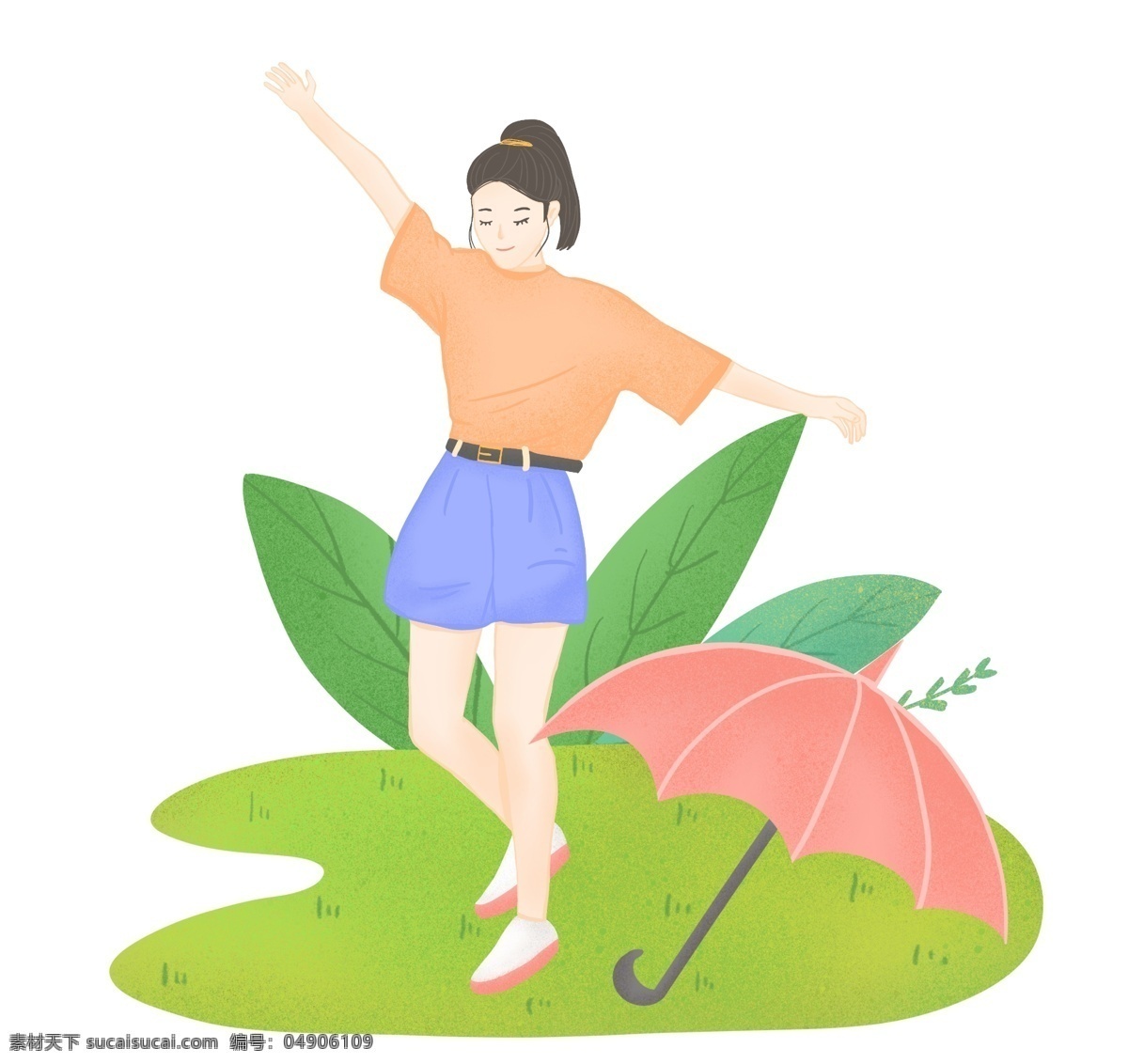 清明 跳跃 女孩 插画 清明人物插画 跳跃的女孩 绿色的叶子 红色雨伞 卡通人物 植物插画 漂亮的女孩
