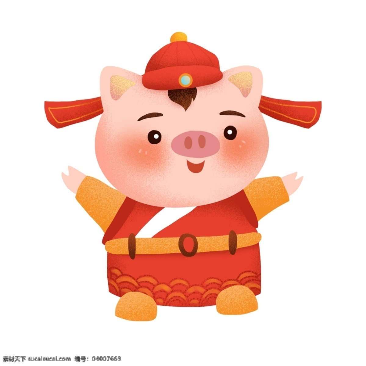 手绘 大年初二 财神 小 猪 卡通 喜庆 中国风 春节 插画 小猪 财神小猪 新春 新年 猪年 2019年 小猪形象 猪年形象