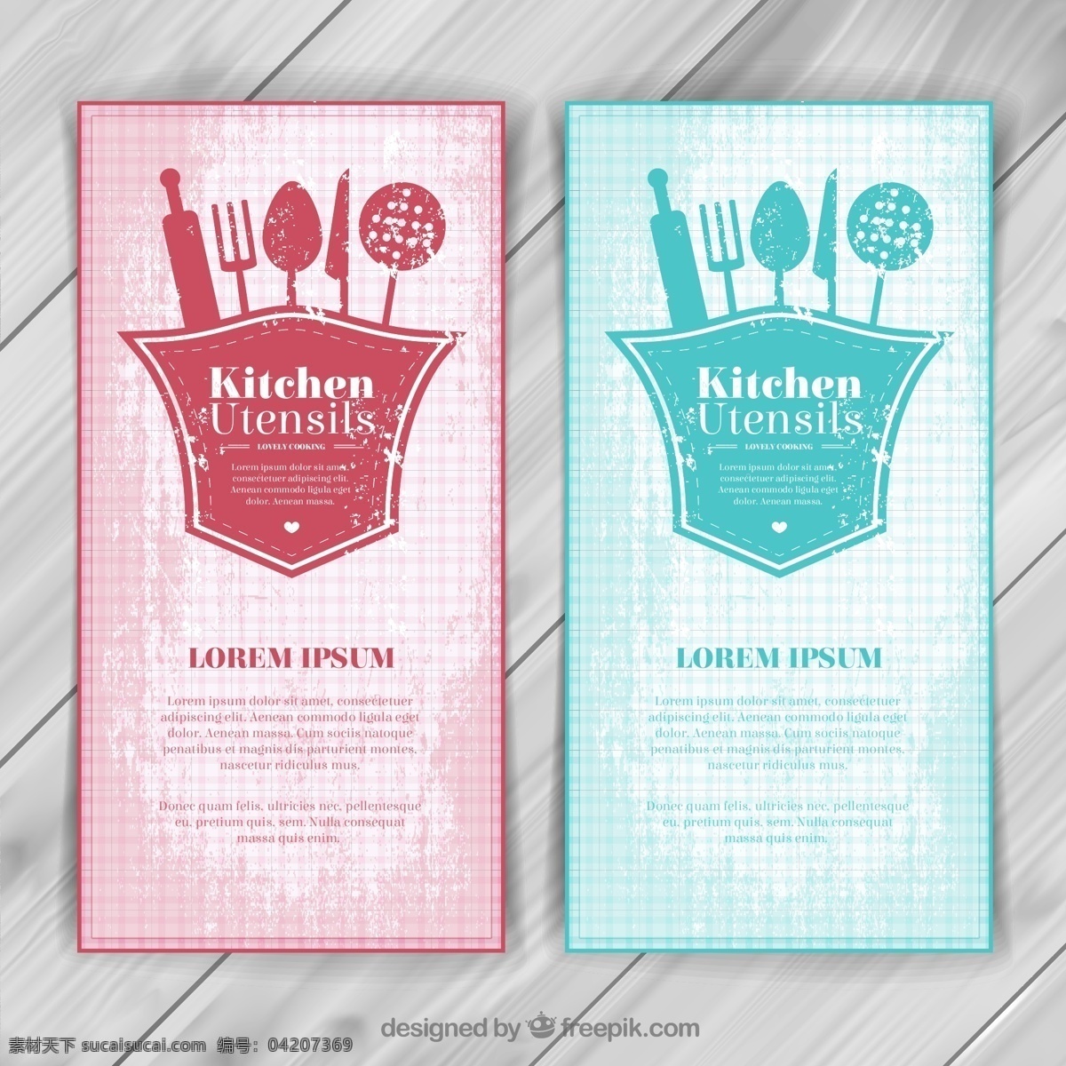 彩色 厨房用品 banner 矢 木纹 餐具 做旧效果 卡片 餐叉 餐刀 餐勺 擀面棍 木板 矢量图