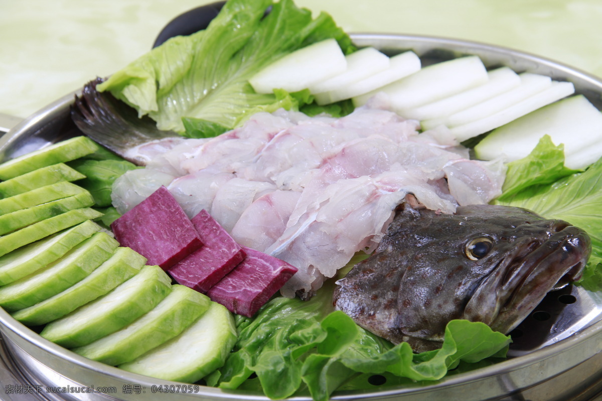 大头鱼 鱼片 丝瓜 紫薯 生菜 海鲜 细致鱼片 鲜嫩鱼片 餐饮美食 传统美食 绿色