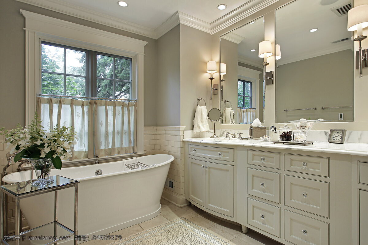 欧式 浴室 装修 效果图 白色 系 唯美 高清 欧式装修 浴缸 柜子 镜子