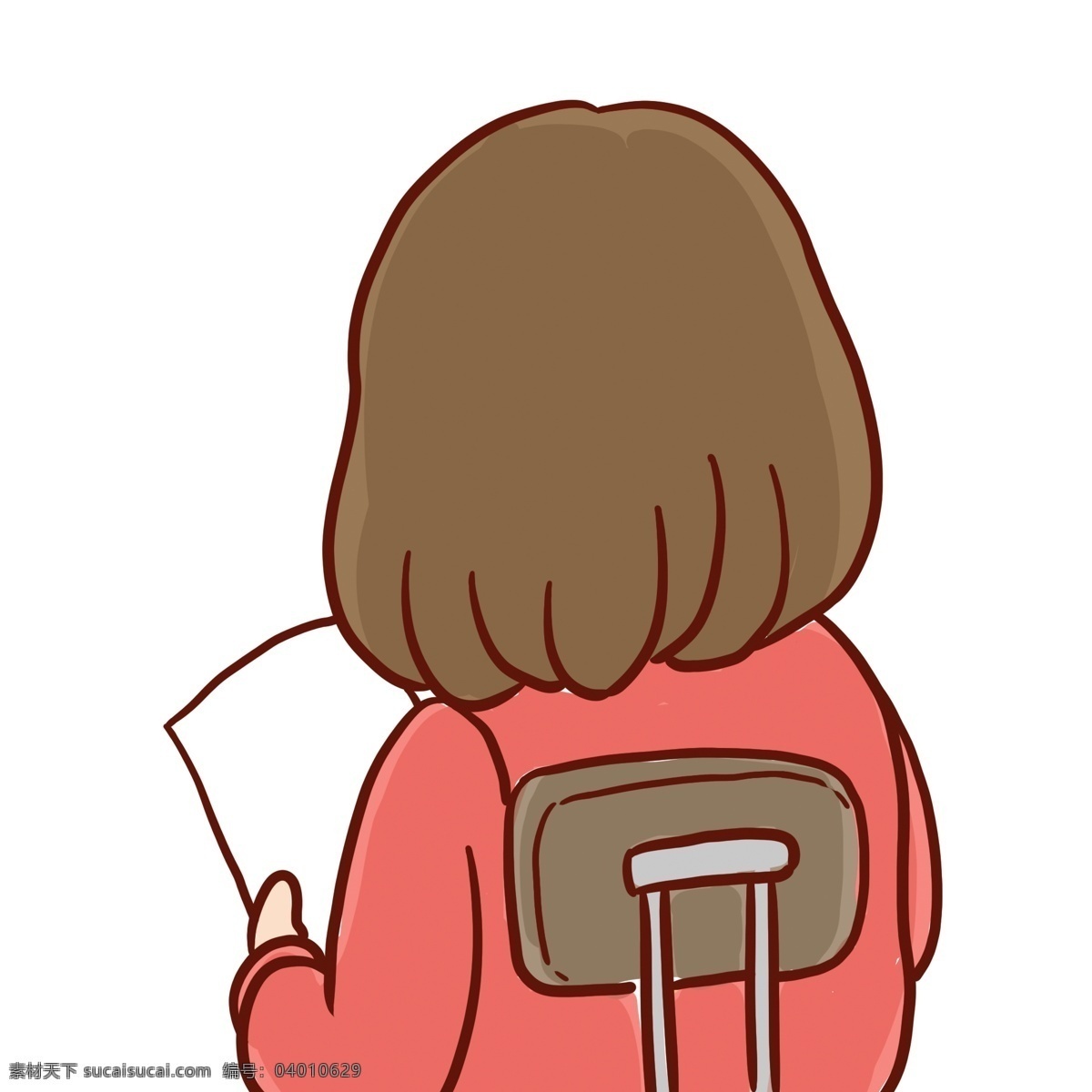 卡通 手绘 坐在 椅子 上 看 纸 女孩 背影 漫画 人物 插画 女生