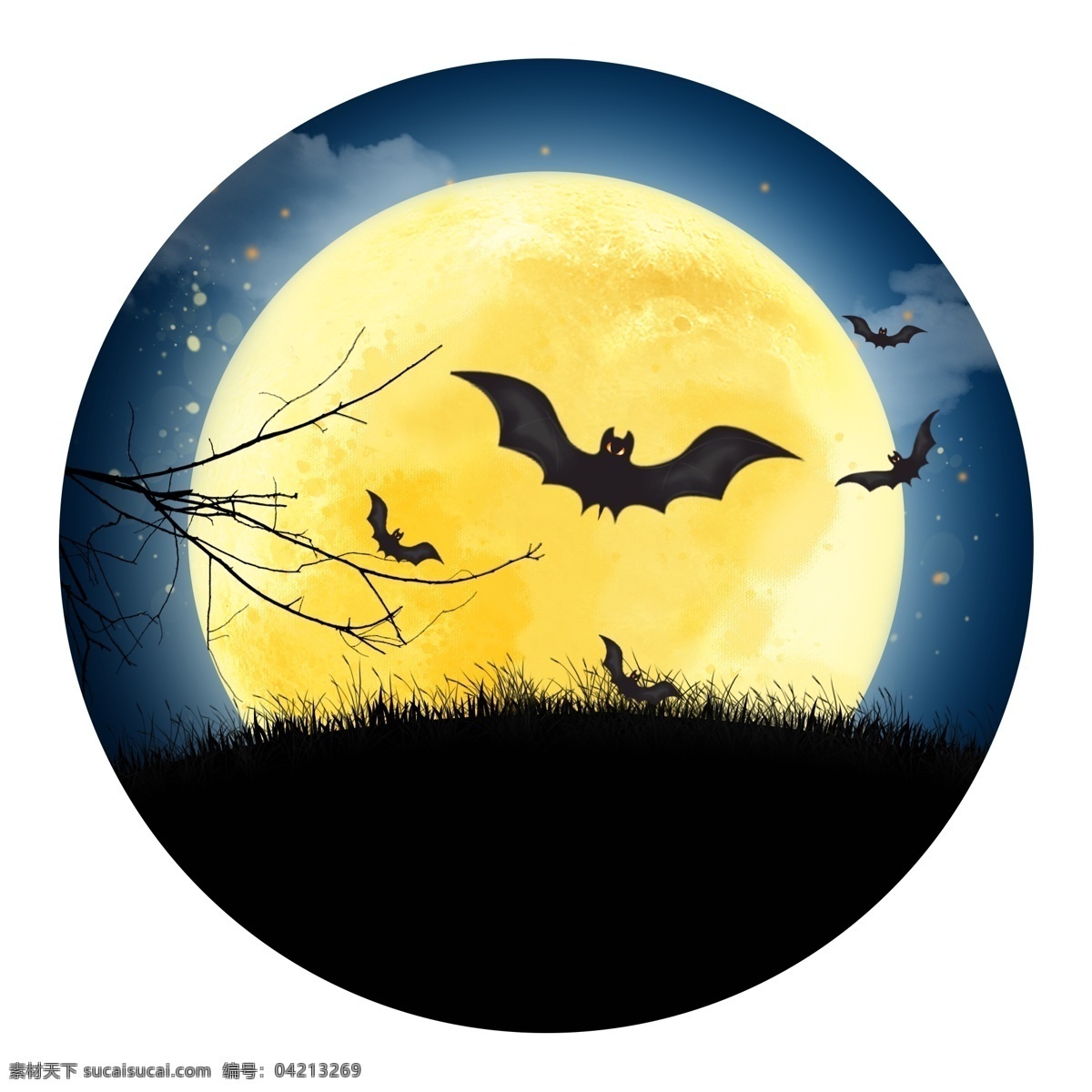 万圣节 卡通 手绘 吸 血 月夜 星空 月亮 蝙蝠 树枝 吸血 元素 草坪
