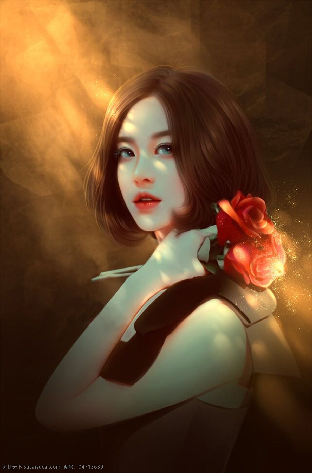 照片转手绘 转手绘 美女 花 油画风 短发 人物图库 人物写真
