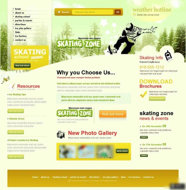 滑冰 培训机构 网页模板 滑旱冰 培训机构模板 滑冰网站模板 滑冰的人 黄绿色调 网页素材
