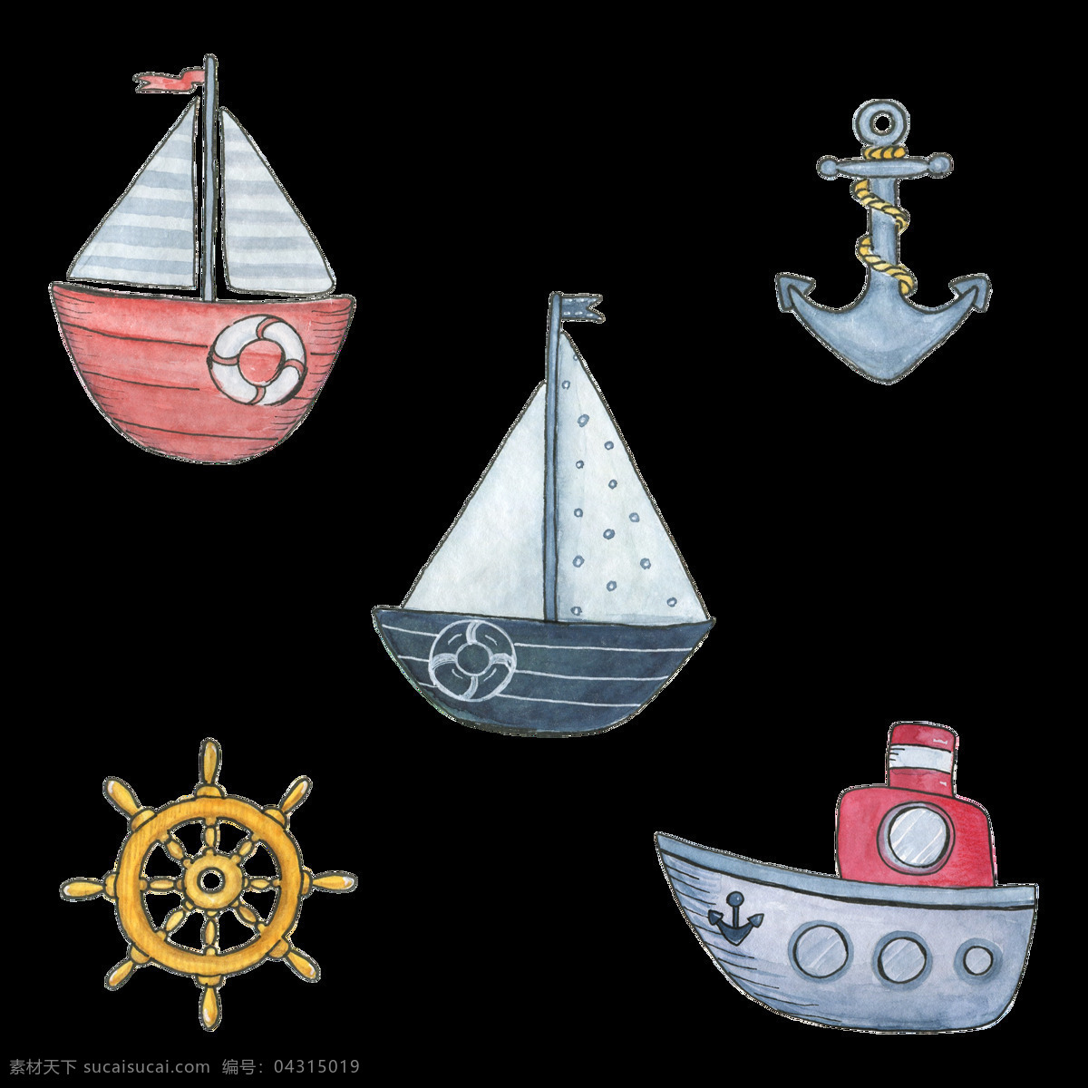 手绘 三 只 海船 透明 红色 黄色 灰色 卡通 免扣素材 水擦 透明素材 扬帆 装饰图案