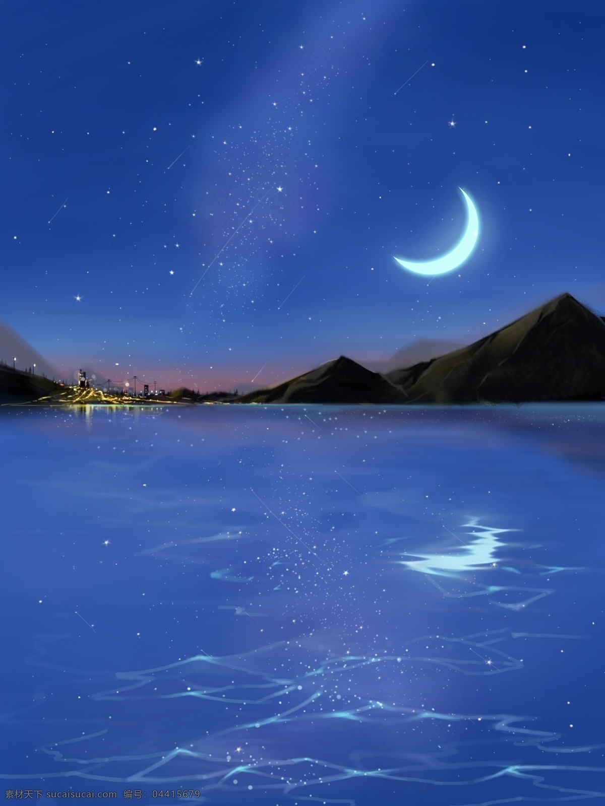 海边 灯光 星空 夜景 原创 插画 月亮 城市 海面 山 水 倒影 流星