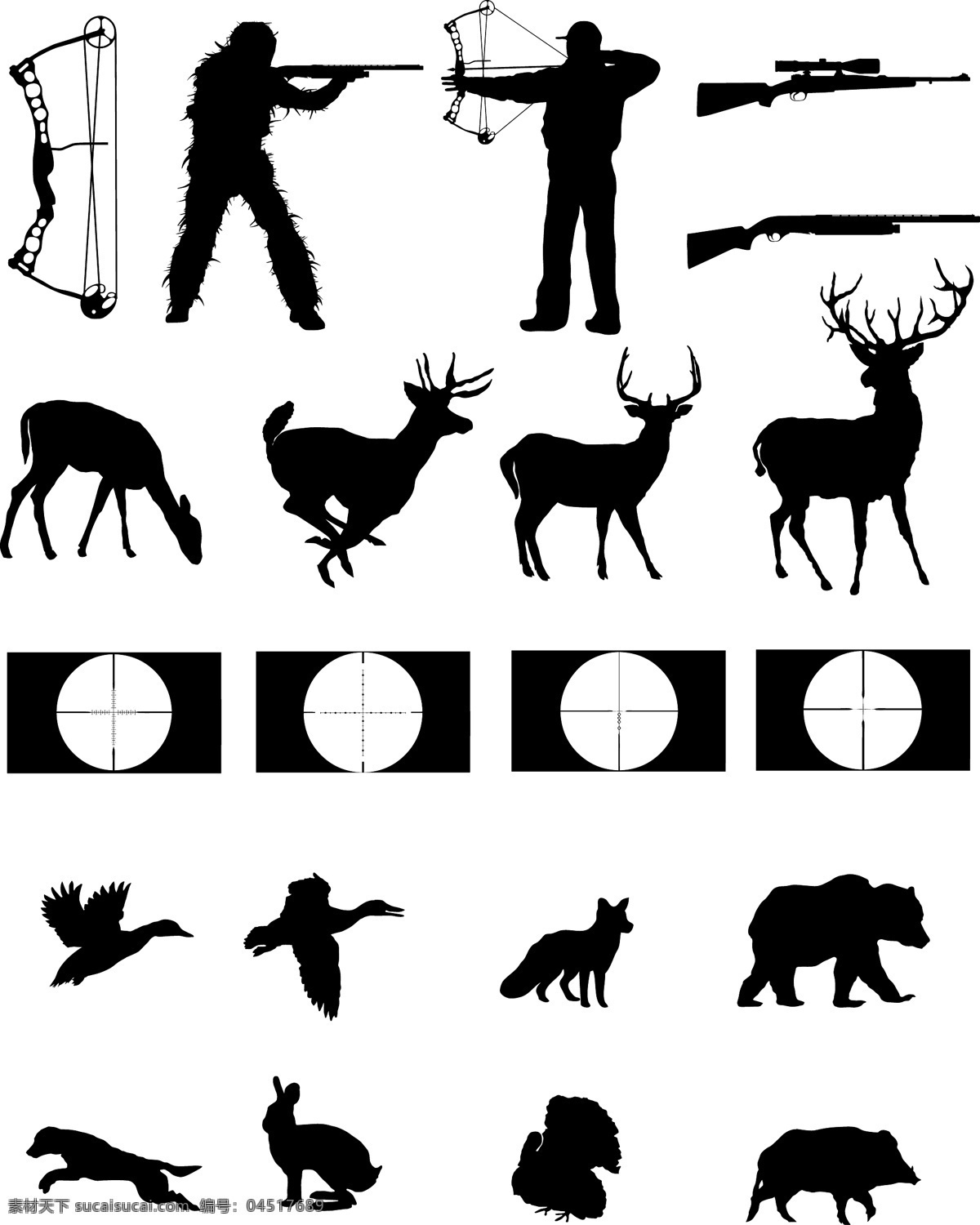 狩猎元素剪影 狩猎元素 狩猎 打猎 动物 猎人 枪 剪影 生活百科 矢量素材 白色